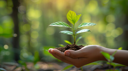 Human hand holding a large growing plant against a green forest background, representing environmental sustainability and the importance of nature conservation.