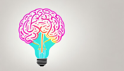 lightbulb brain 2d illustration colorful, thinking ,good idea, funny feeling