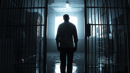 A creative portrayal of a prisoner behind bars in a modern prison,
