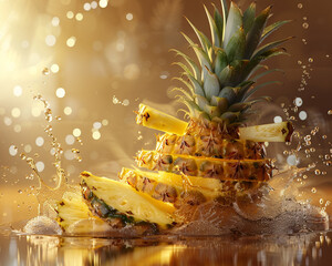 A creative representation of sliced pineapple with a splash of drink in the background,