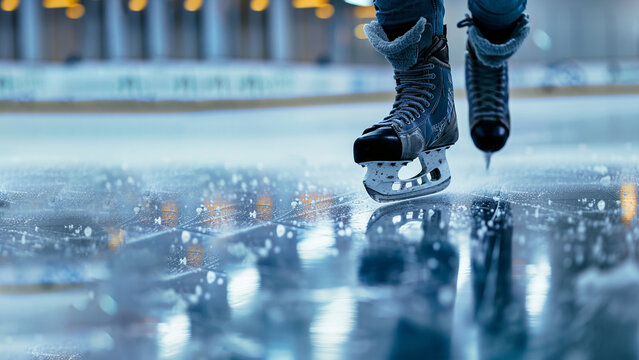 A close-up of a player's skates gliding gracefully over the glossy ice surface,