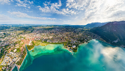 Annecy, France. Lake Annecy with surrounding mountains and villages. Panorama in summer. French...