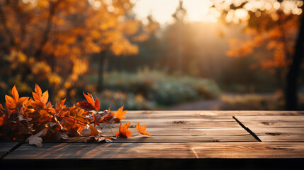 Naklejka na ściany i meble Autumn Table - Orange Leaves And Wooden Plank At Sunset In Forest