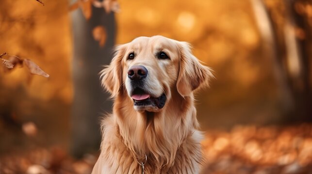 Cão adorável retriever dourado sentado nas folhas amarelas no outono park no solo e olhando para a câmera. animal de estimação cachorrinho de raça pura fofo ao ar livre
