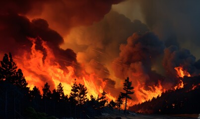 Large forest fire (environmental pollution, air pollution concept) - obrazy, fototapety, plakaty