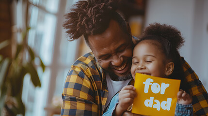 Happy fathers Day, A Father Embracing Little Girl with Father's Day note in hand, Generative AI - obrazy, fototapety, plakaty