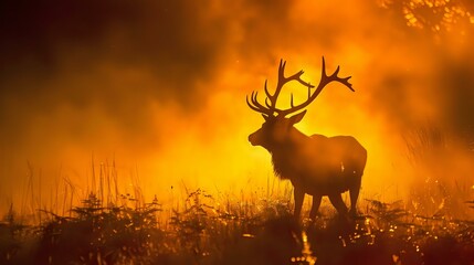 Stunning Wildlife Silhouette: Red Deer Stag in the Misty Woods