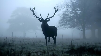 Misty Forest Scene: Silhouette of Red Deer Stag Amidst the Fog
