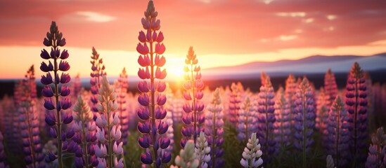 Purple wildflowers bloom abundantly in a grassy field as the sun gently sets in the background