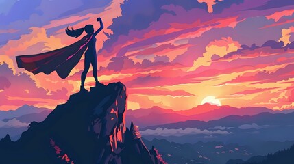 Imagining Superhero Role, Girl Silhouette Stands Against Mountain Backdrop, Fist Raised