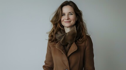 Woman in her 40s grinning brightly while dressed in a brown coat