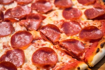 Pepperoni pizza with salami and tomatoes and mozzarella cheese, close up shot HD slices