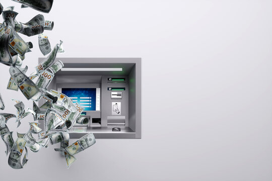 Dollars flying out of the ATM on the background of a white wall. 3D rendering.