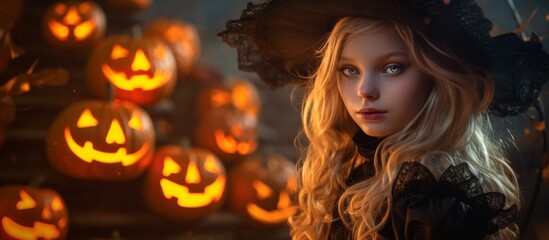 A woman dressed in a witch costume standing in front of a variety of pumpkins, showcasing a festive Halloween setup