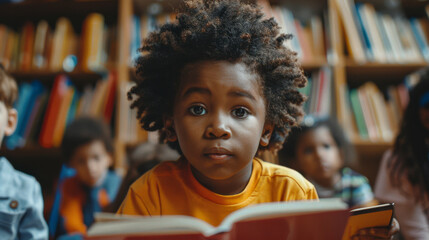 A young boy with curly hair is sitting in a library with a book in front of him - obrazy, fototapety, plakaty