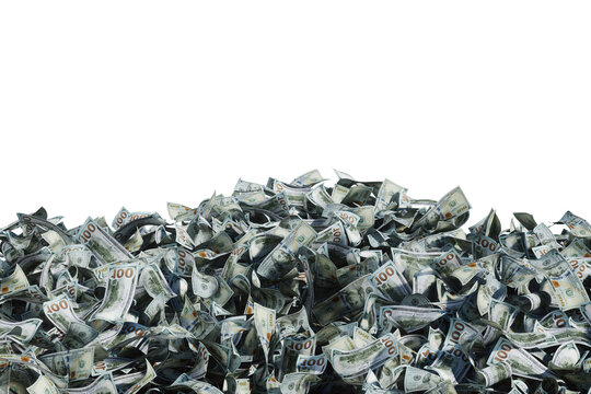 Mountain, pile of dollars on white background, very many paper bills. Concept of winning the lottery, inheritance, investment, passive income. 3D rendering.
