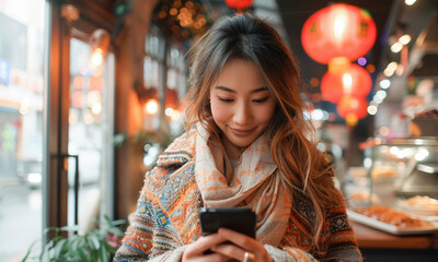 Young Woman Engaged With Her Smartphone at a Cozy Restaurant With Ambient Lighting