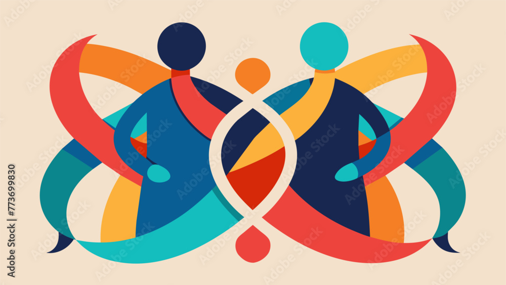 Poster an abstract painting of two intertwined figures their shapes and colors representing the merging of 