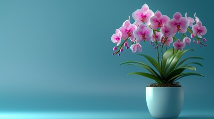   A white vase filled with pink flowers sits atop a blue table, while another white vase with pink flowers rests beside it