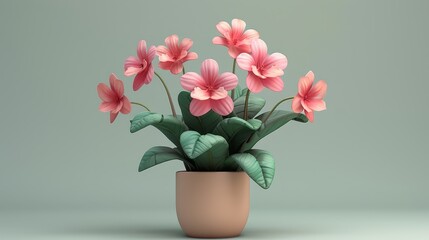   Potted plant with pink flowers on a light green background, featuring shadows