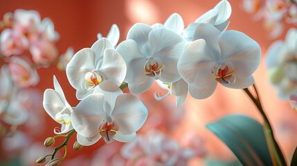   Close-up of white flower in vase with other flowers in background and red wall in backdrop