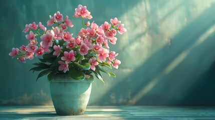   A vase with pink flowers on a wooden table, against a green wall and lit by sunlight from a nearby window