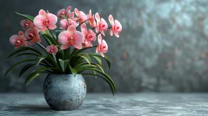   A vase with pink flowers sits on a white countertop beside a gray wall