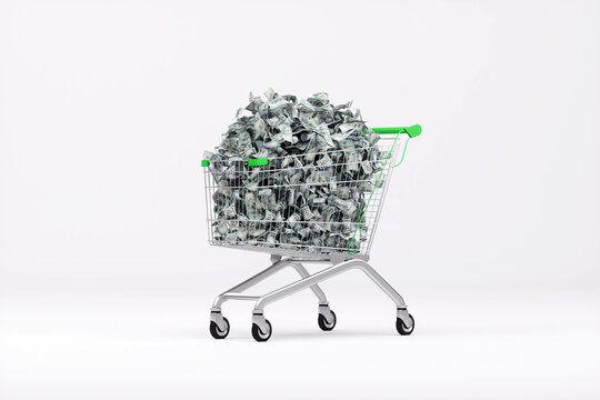 Store cart filled with American dollars, lots of paper bills. 3D rendering.