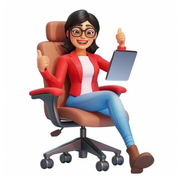 3D Render of a confident cartoon woman sitting in an office chair, working on a tablet and showing a thumbs up, on isolated white background, Generative AI