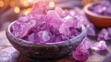 Obraz na płótnie Canvas A table holds two bowls of purple crystals