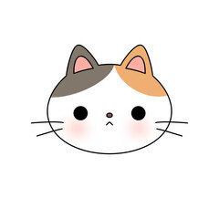 A cartoon cat with a cute face and a white background. The cat has a pink nose and is looking down