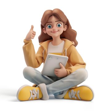 3D Render of a creative cartoon woman sitting on the floor, drawing on a tablet and giving a thumbs up, on isolated white background, Generative AI