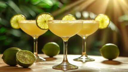  Three glasses of alcohol with limes on a table against a green background