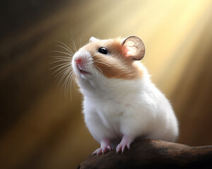 Valiant hamster, scene's margin, gazing side, arm up, serene backlight,photograph, realistic, isolated, fantasy, cute