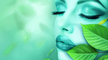   A woman with her eyes closed, holding a green leaf in front of her face - obrazy, fototapety, plakaty