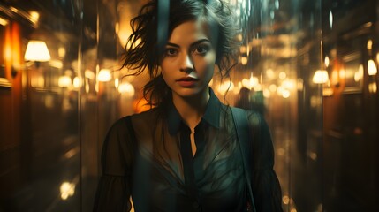an enchanting woman with black hair moving slowly closer, multiple exposures in a hotel hallway - obrazy, fototapety, plakaty