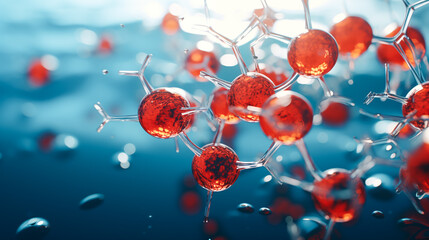 Obraz premium 3d glass molecule or atoms on light blue background. Suitable for biochemical, pharmaceutical, beauty and other medical concept 