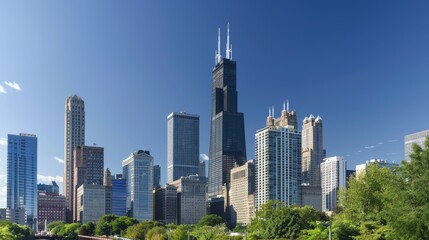 Abstract futuristic cityscape view with modern skyscrapers.