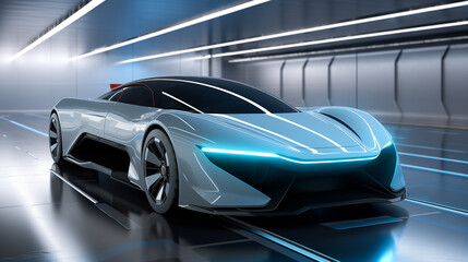 Futuristic electric car at charging station. Electric vehicle plugged into a charging station symbolizing sustainable transportation and renewable energy. Sustainable transportation, Renewable energy	