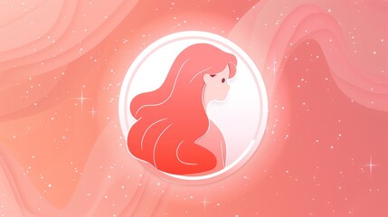   A woman with long red hair stands in front of a pink background, adorned with stars and a white circle featuring an image of her
