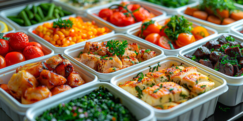Various containers and boxes for healthy lunch in plastic packaging top view. The concept of dietary nutrition. - obrazy, fototapety, plakaty