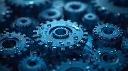   A macro shot of numerous gear clusters with droplets of water clinging to both sides