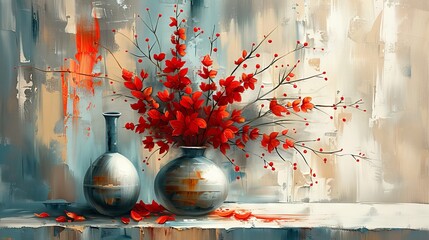 The painting is modern, abstract, with metal elements, texture background, flowers, and plants in it,
