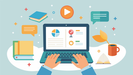 A laptop screen displays an interactive digital literacy program while a workers hands eagerly follow along emphasizing the importance of