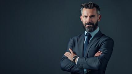 Fototapeta premium Suit, corporate fashion for business and a stylish man looking confident and professional on a black background isolated or mockup background. Portrait of a handsome executive or entrepreneur