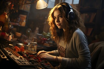16 year old girl with straight hair, wearing a comfortable t-shirt and headphones, messy room with posters on the walls, atmosphere of concentration mixed with relaxation