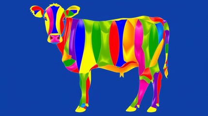   A multicolored cow stands on a blue background with a blue sky in the background