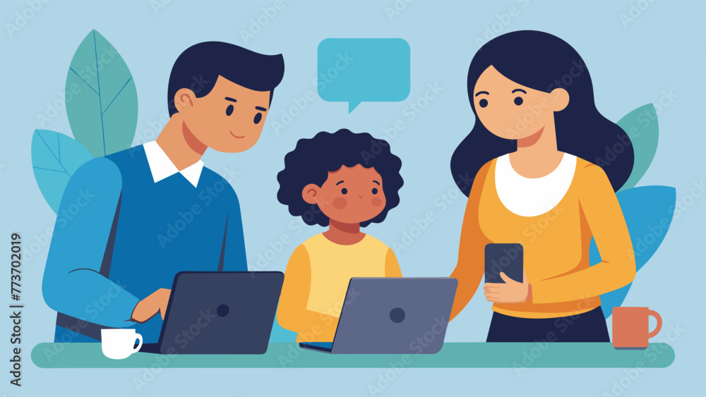 Poster a drawing of a family discussing and setting boundaries to manage worklife balance acknowledging the