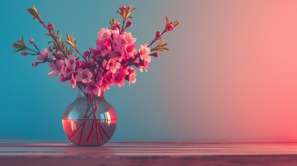 A vase filled with pink flowers sits atop a wooden table against a backdrop of blue and pink - Powered by Adobe