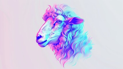   A close-up of a sheep's head against a pink and blue background